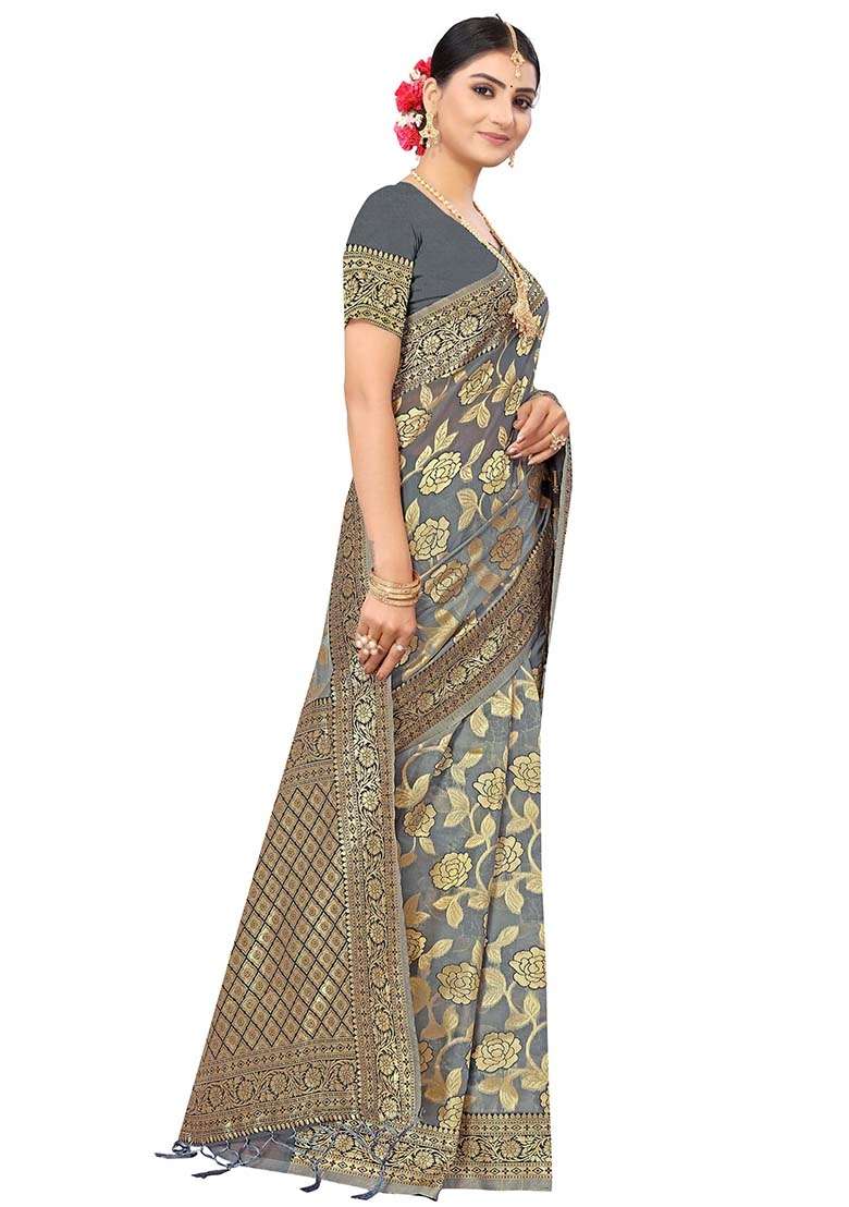 Grey Embroidered Cotton Blend Saree Set for Diwali and Festive Wear - Indya