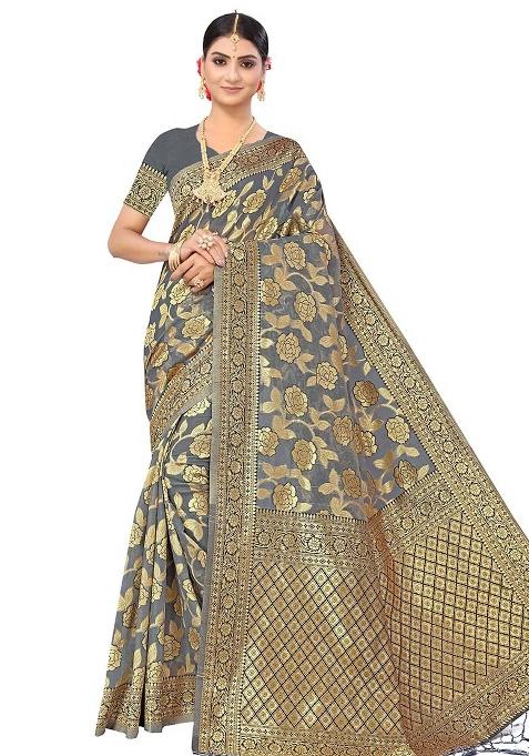 Grey Embroidered Cotton Blend Saree Set