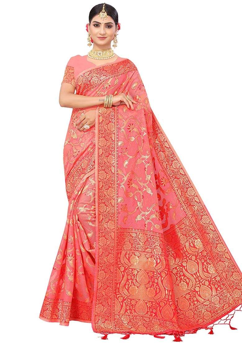 Peach Blend Cotton Saree Set with Embroidered for Diwali | Wedding & Festive Wear - Indya