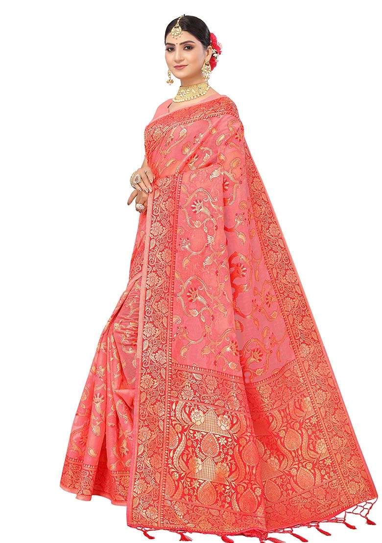Peach Blend Cotton Saree Set with Embroidered for Diwali | Wedding & Festive Wear - Indya