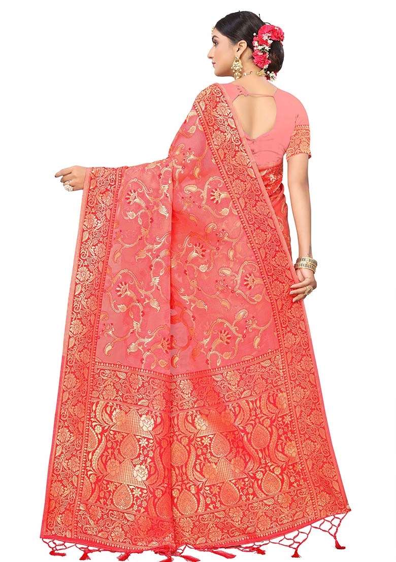 Peach Blend Cotton Saree Set with Embroidered for Diwali | Wedding & Festive Wear - Indya