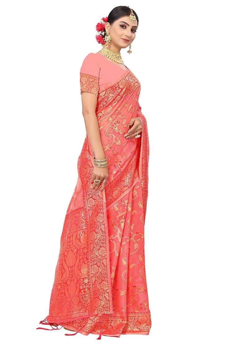 Peach Blend Cotton Saree Set with Embroidered for Diwali | Wedding & Festive Wear - Indya