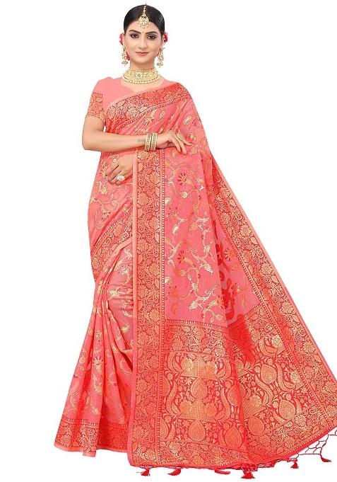 Peach Embroidered Cotton Blend Saree Set