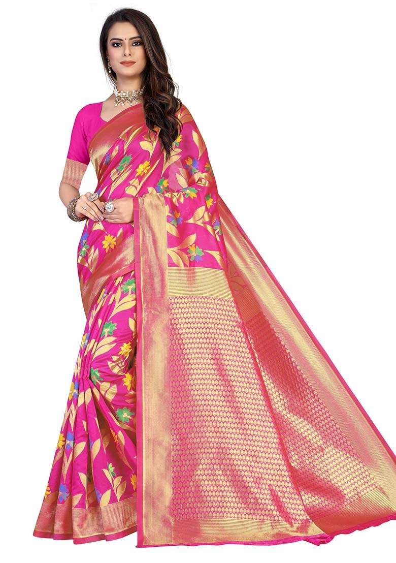 Pink Blend Cotton Saree Set with Embroidered for Diwali | Wedding & Festive Wear - Indya