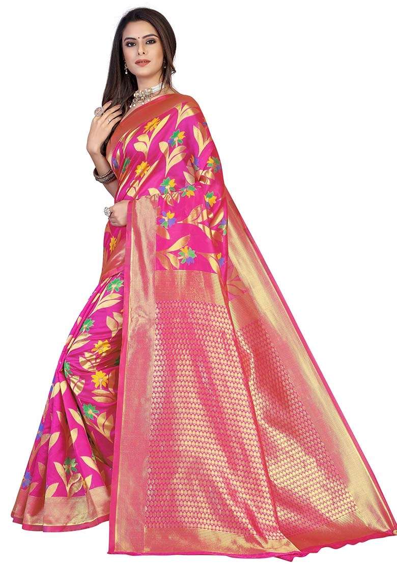 Pink Blend Cotton Saree Set with Embroidered for Diwali | Wedding & Festive Wear - Indya