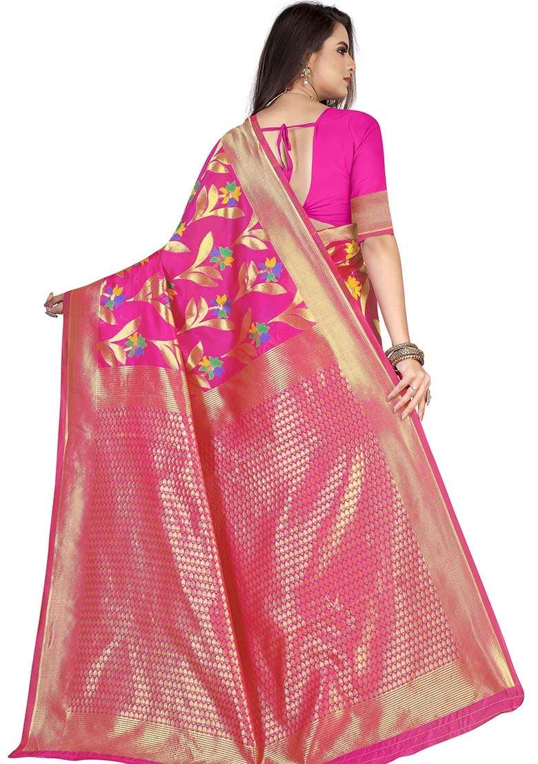 Pink Blend Cotton Saree Set with Embroidered for Diwali | Wedding & Festive Wear - Indya