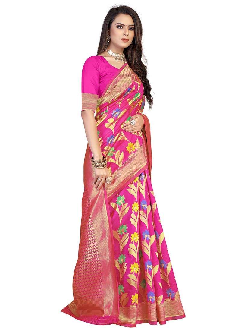 Pink Blend Cotton Saree Set with Embroidered for Diwali | Wedding & Festive Wear - Indya