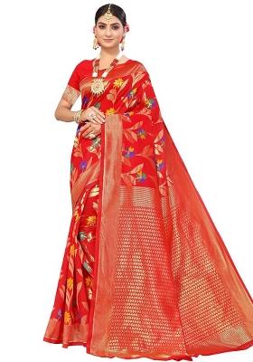 Red Embroidered Cotton Blend Saree Set