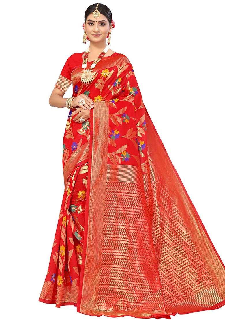 Red Embroidered Cotton Blend Saree Set for Diwali and Festive Wear - Indya