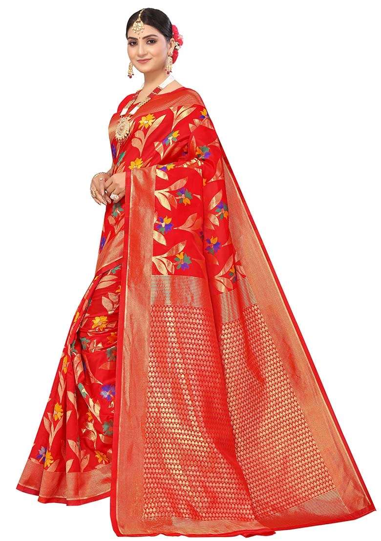 Red Embroidered Cotton Blend Saree Set for Diwali and Festive Wear - Indya