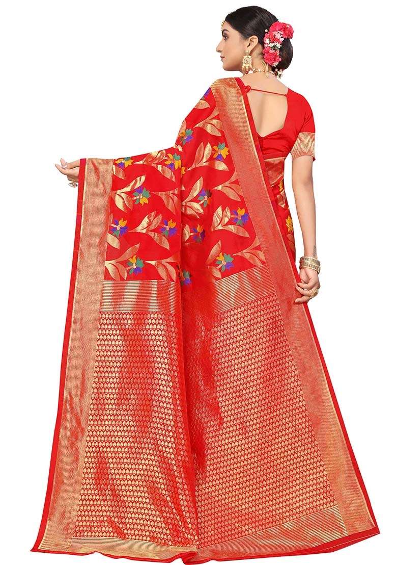 Red Embroidered Cotton Blend Saree Set for Diwali and Festive Wear - Indya