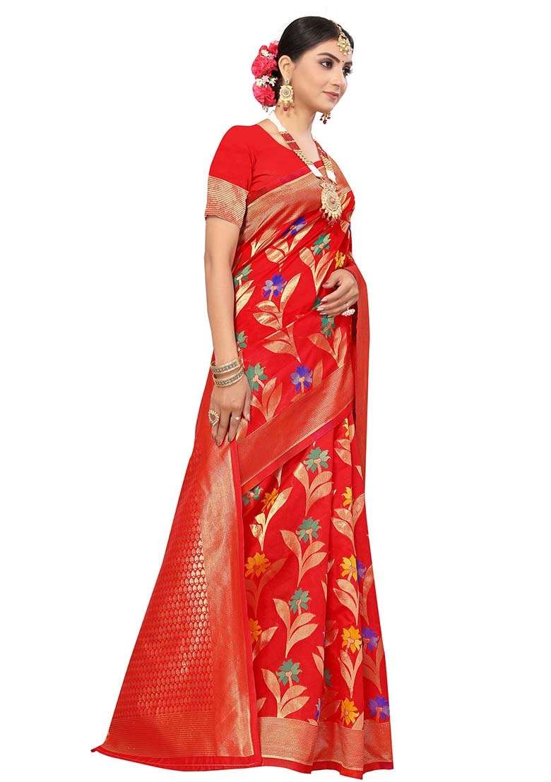 Red Embroidered Cotton Blend Saree Set for Diwali and Festive Wear - Indya