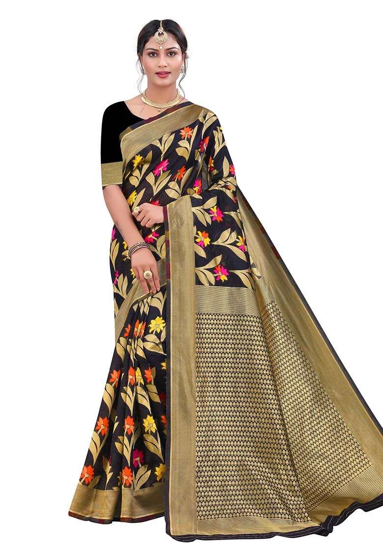 Black Embroidered Cotton Blend Saree Set for Diwali and Festive Wear - Indya