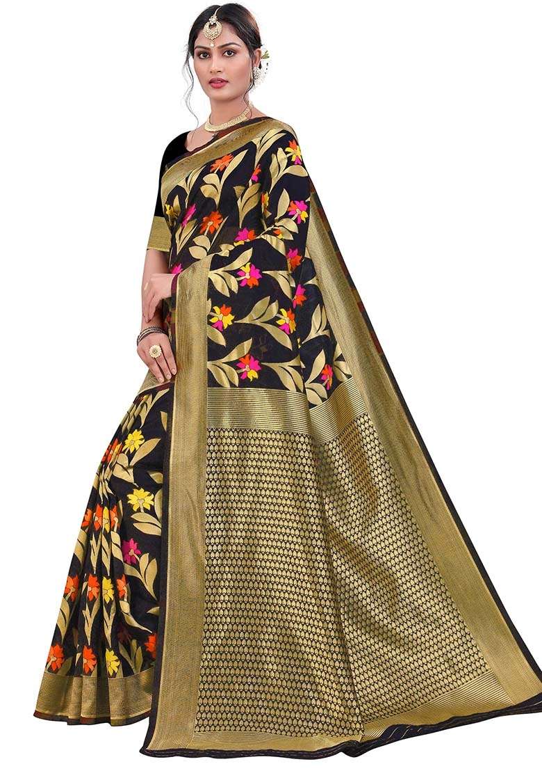 Black Embroidered Cotton Blend Saree Set for Diwali and Festive Wear - Indya