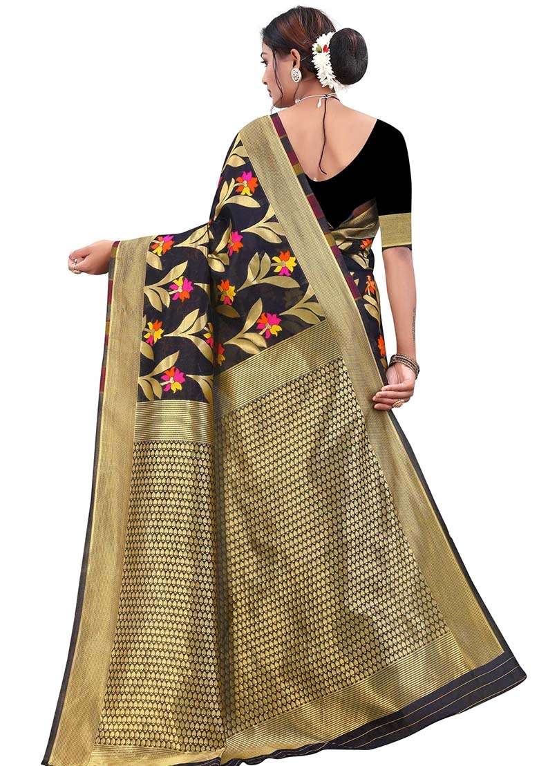 Black Embroidered Cotton Blend Saree Set for Diwali and Festive Wear - Indya