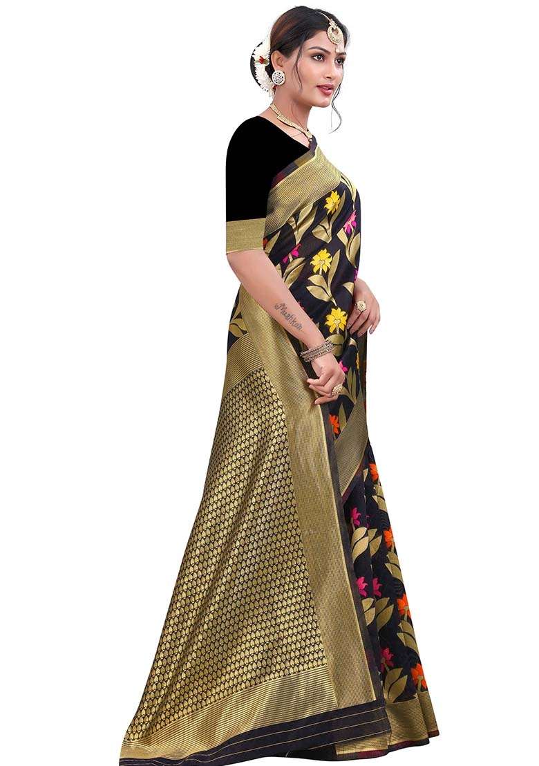 Black Embroidered Cotton Blend Saree Set for Diwali and Festive Wear - Indya