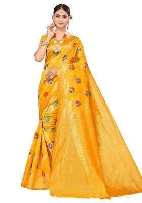 Yellow Embroidered Cotton Blend Saree Set