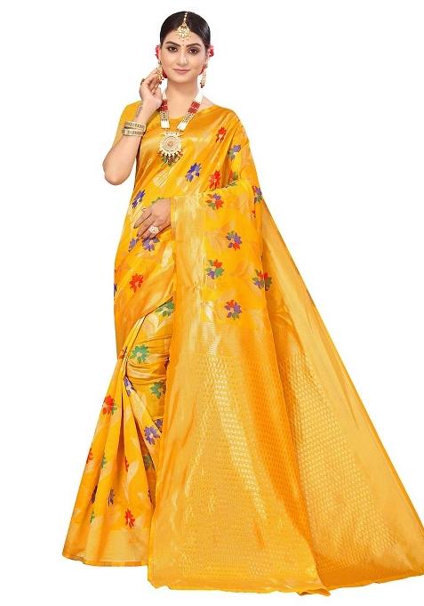Yellow Embroidered Cotton Blend Saree Set