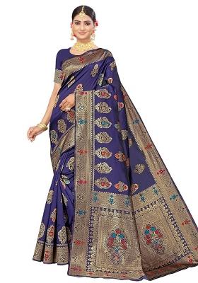 Navy Blue Embroidered Silk Saree Set