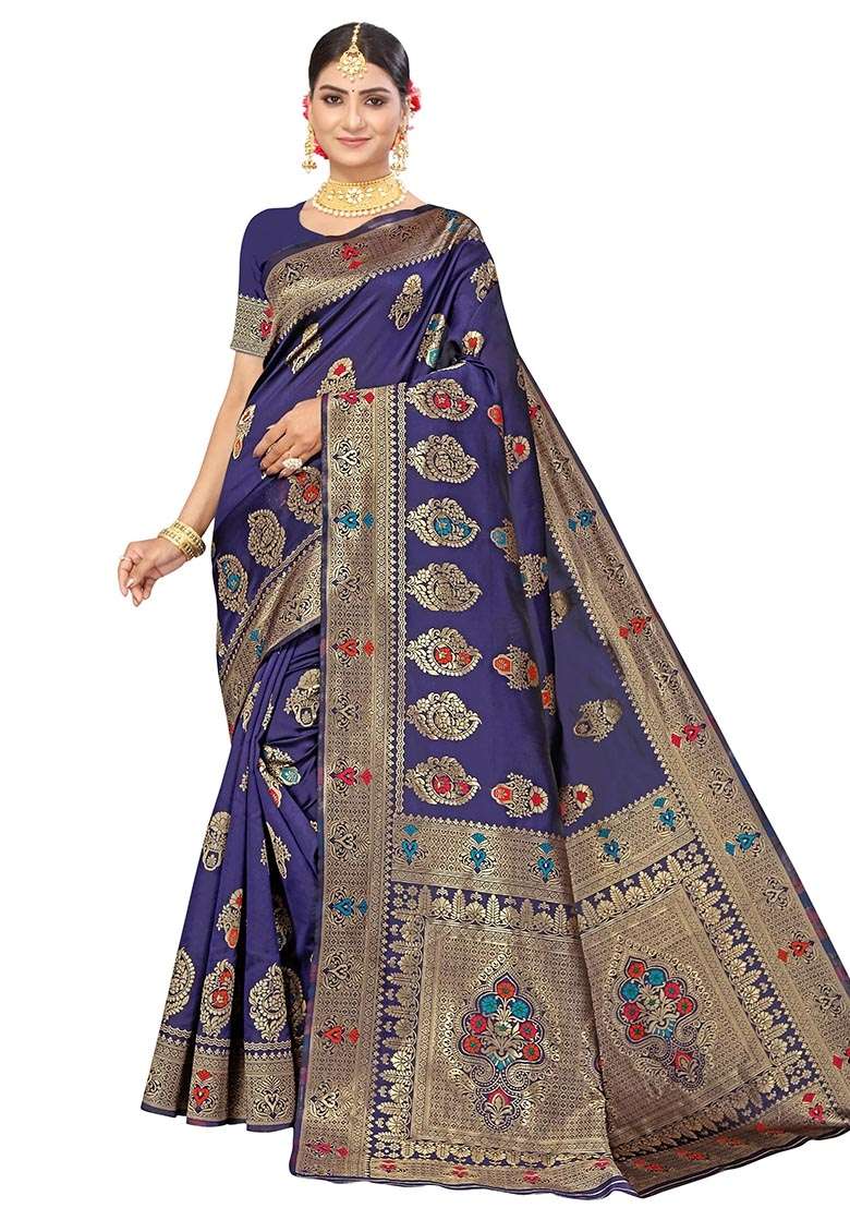 Navy Blue Silk Blend Saree Set with Embroidered for Diwali | Wedding & Festive Wear - Indya