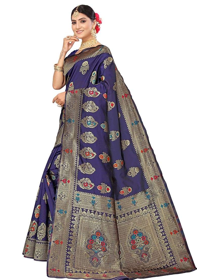 Navy Blue Silk Blend Saree Set with Embroidered for Diwali | Wedding & Festive Wear - Indya
