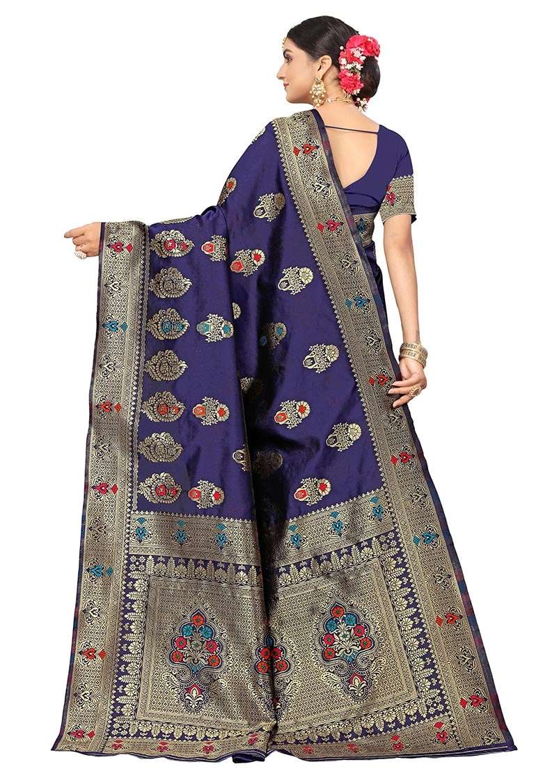 Navy Blue Silk Blend Saree Set with Embroidered for Diwali | Wedding & Festive Wear - Indya