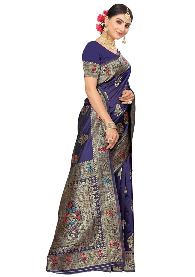 Navy Blue Silk Blend Saree Set with Embroidered for Diwali | Wedding & Festive Wear - Indya