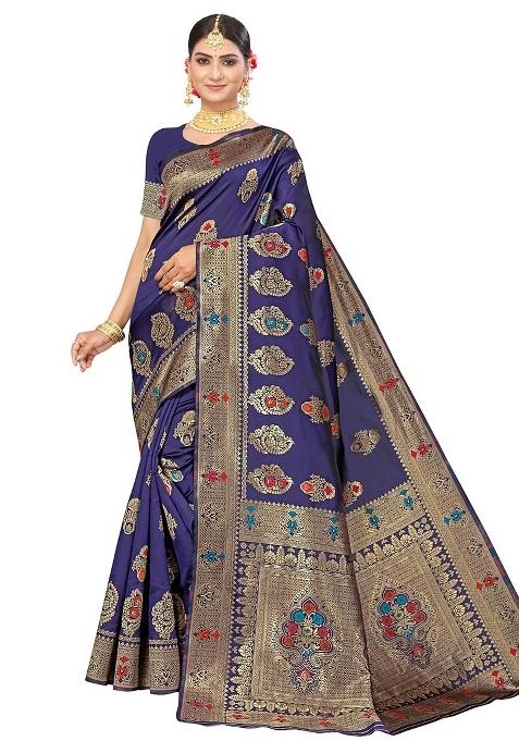 Navy Blue Embroidered Silk Saree Set