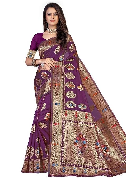Purple Embroidered Silk Saree Set
