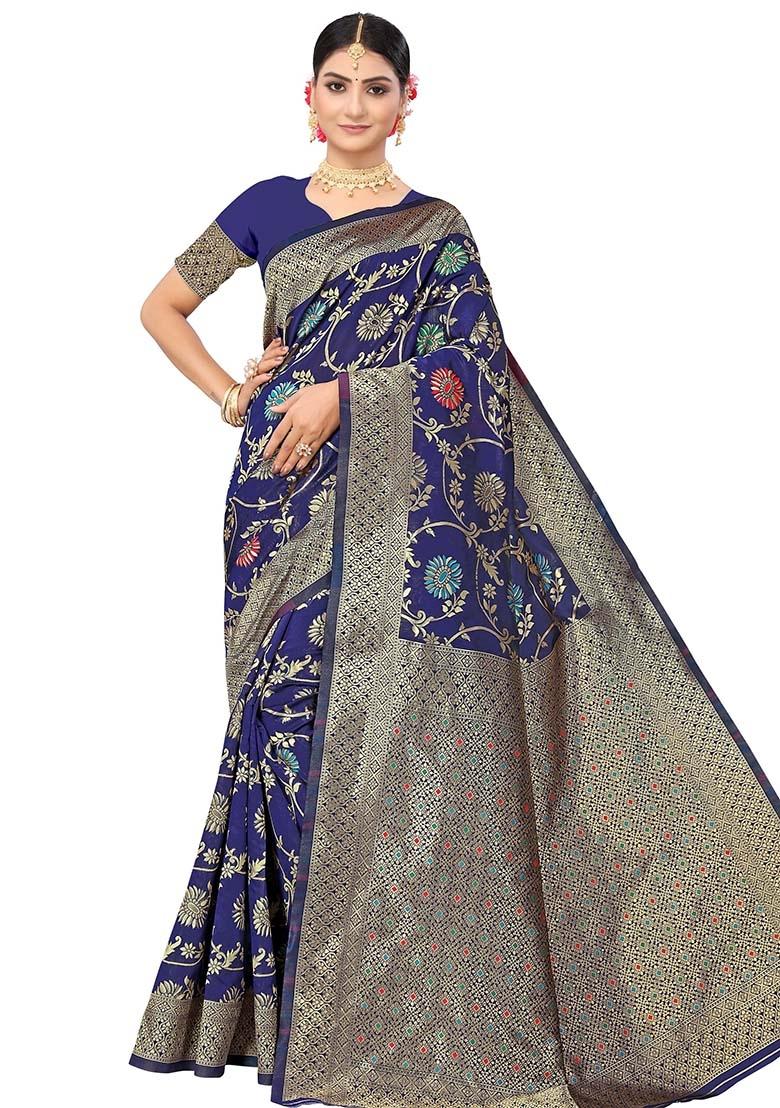 Navy Blue Embroidered Silk Saree Set