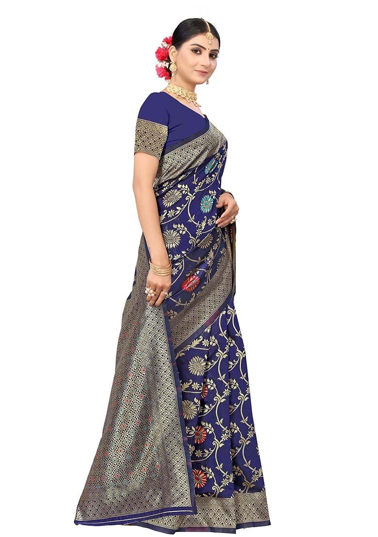Navy Blue Embroidered Silk Saree Set