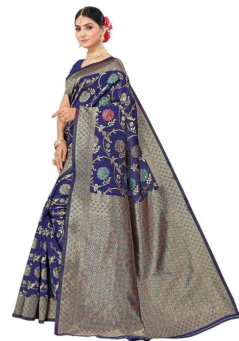 Navy Blue Embroidered Silk Saree Set