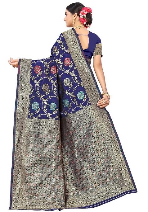 Navy Blue Embroidered Silk Saree Set