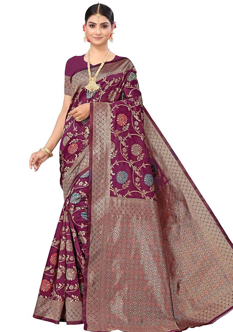 Wine Embroidered Silk Blend Saree Set for Diwali and Festive Wear - Indya
