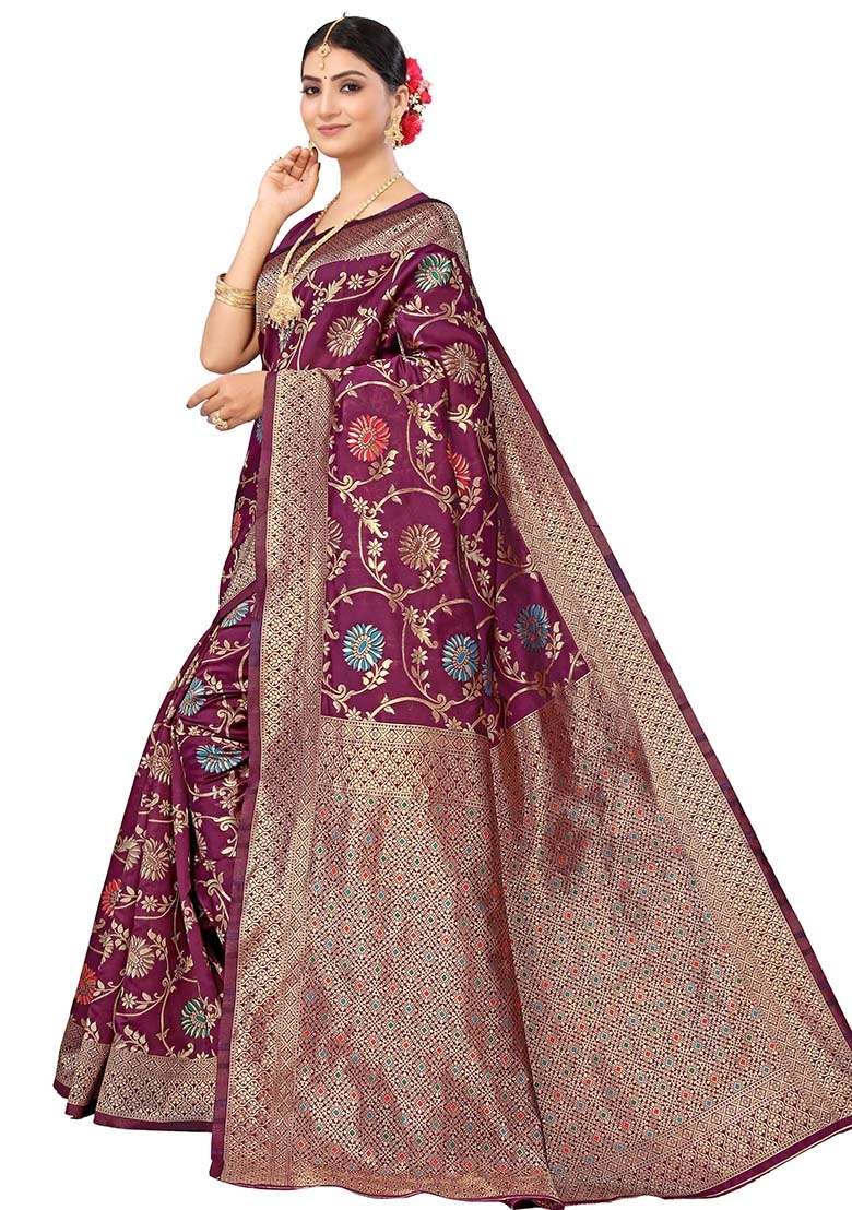Wine Embroidered Silk Blend Saree Set for Diwali and Festive Wear - Indya
