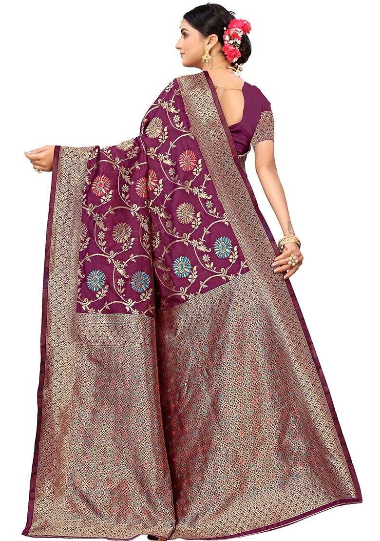 Wine Embroidered Silk Blend Saree Set for Diwali and Festive Wear - Indya