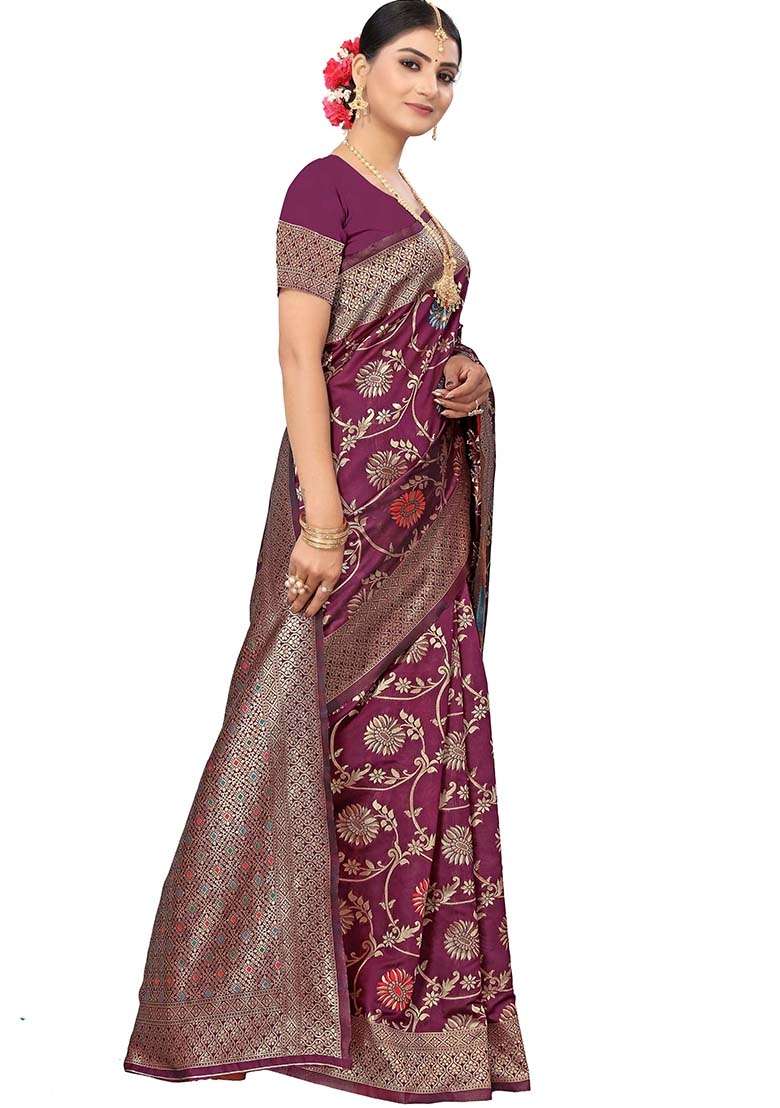 Wine Embroidered Silk Blend Saree Set for Diwali and Festive Wear - Indya