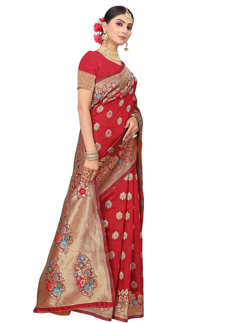 Maroon Embroidered Silk Saree Set - Indya