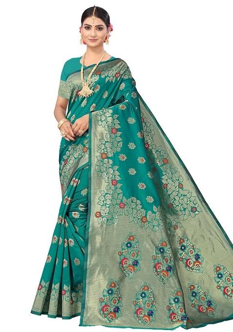 Green Embroidered Silk Saree Set