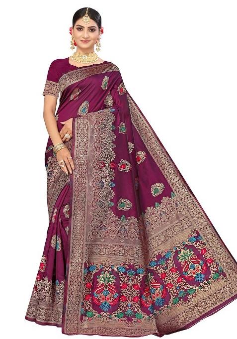 Purple Embroidered Silk Saree Set