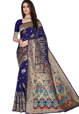 Navy Blue Embroidered Silk Blend Saree Set