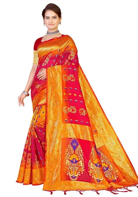 Yellow Embroidered Silk Saree Set