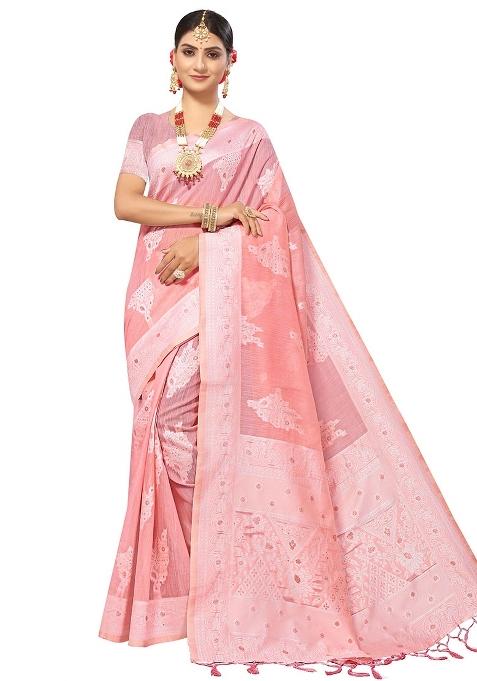 Baby Pink Embroidered Cotton Blend Saree Set