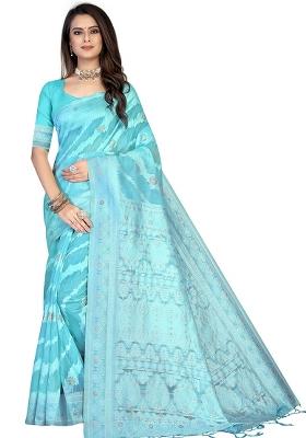 Sky Blue Embroidered Cotton Blend Saree Set