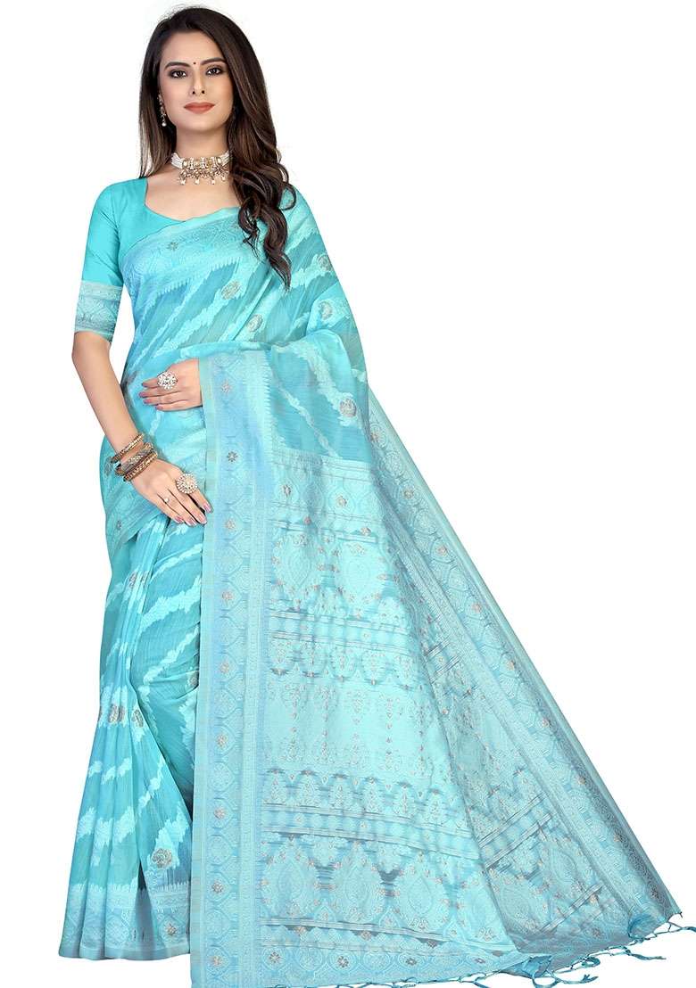 Sky Blue Embroidered Cotton Blend Saree Set for Diwali and Festive Wear - Indya