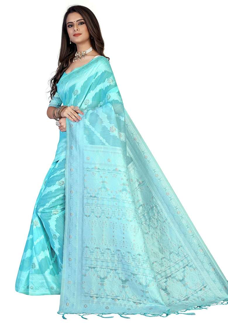 Sky Blue Embroidered Cotton Blend Saree Set for Diwali and Festive Wear - Indya