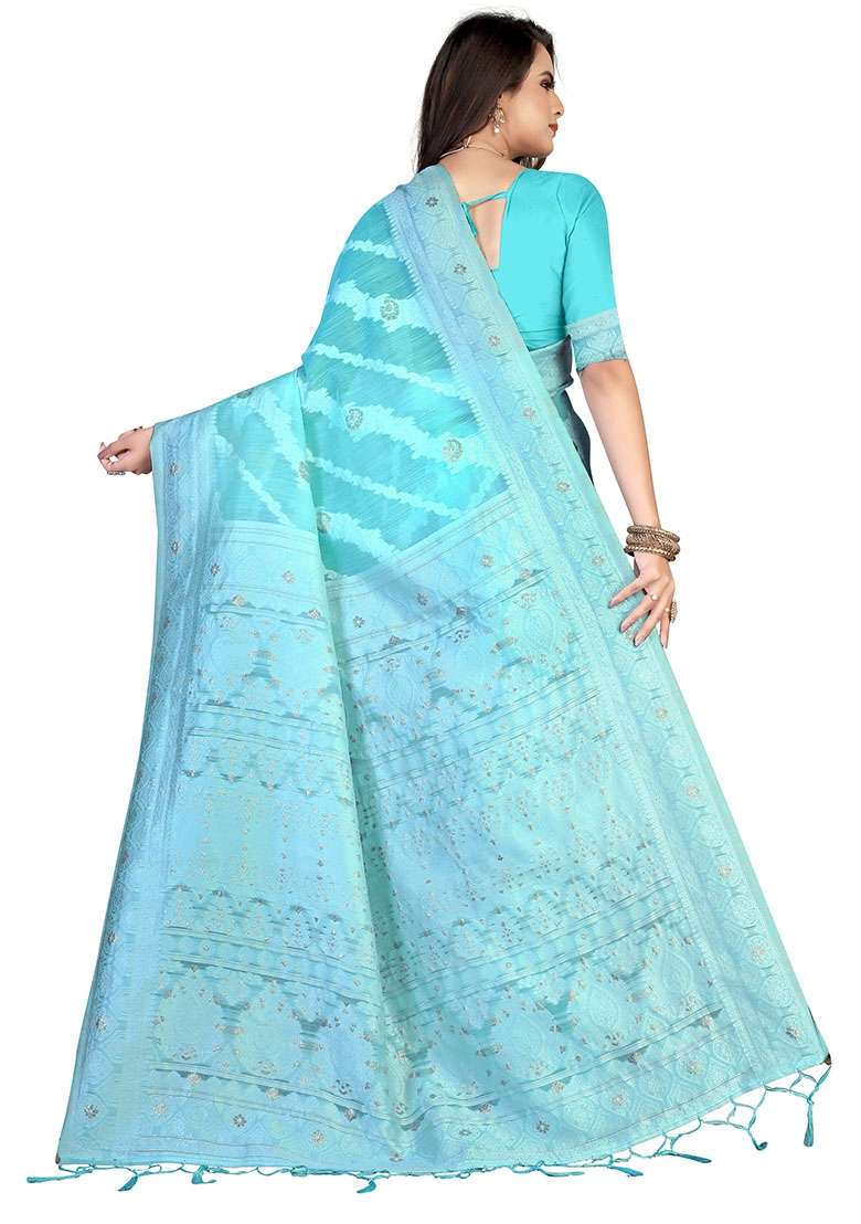 Sky Blue Embroidered Cotton Blend Saree Set for Diwali and Festive Wear - Indya