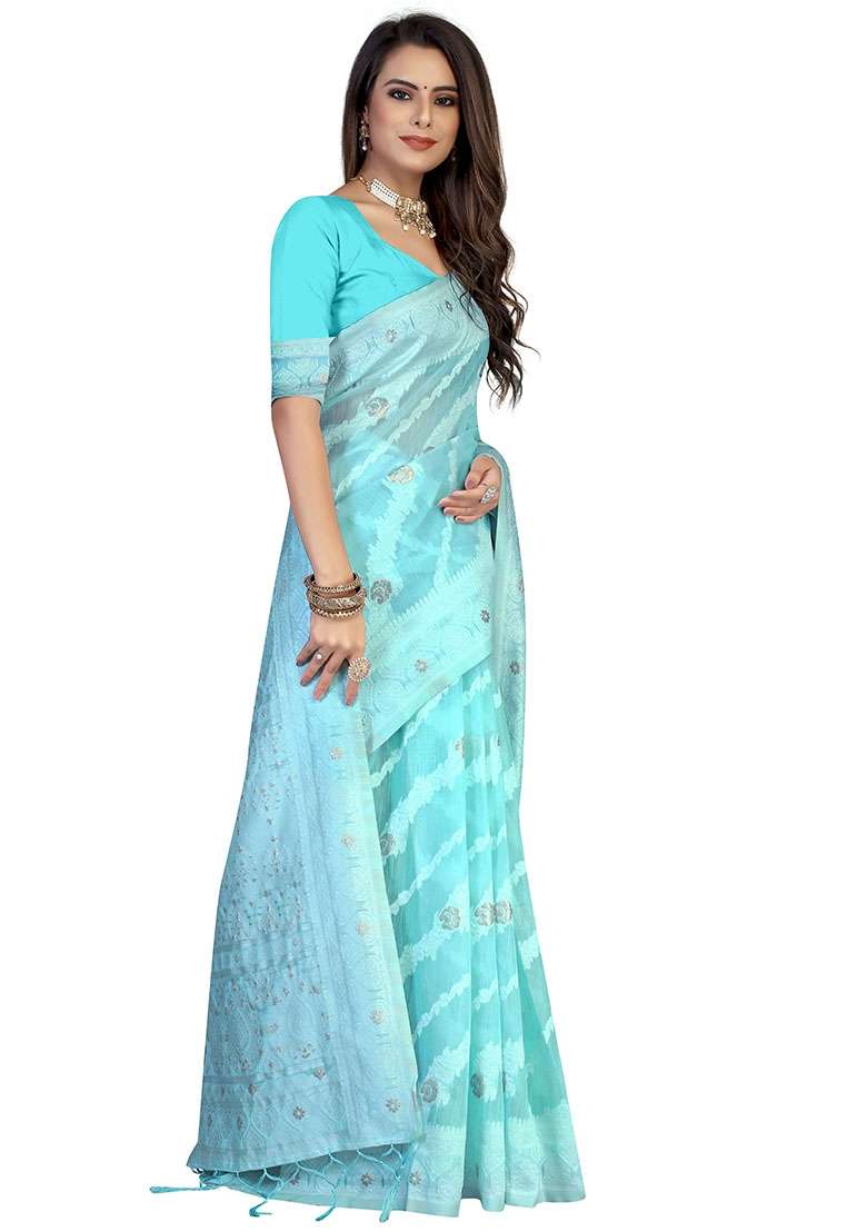 Sky Blue Embroidered Cotton Blend Saree Set for Diwali and Festive Wear - Indya