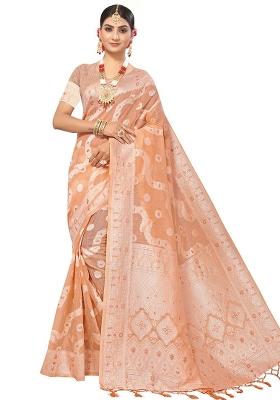 Peach Embroidered Cotton Blend Saree Set