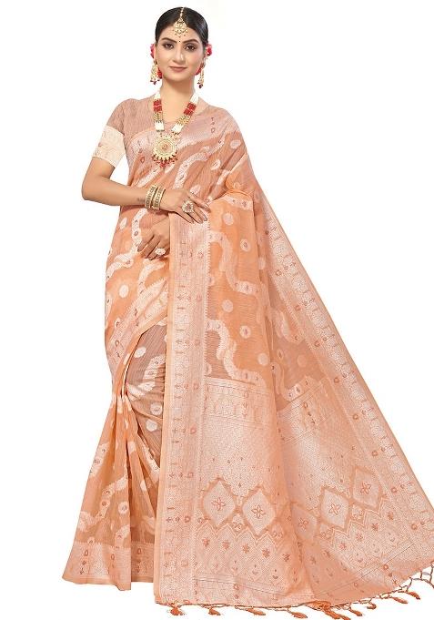 Peach Embroidered Cotton Blend Saree Set